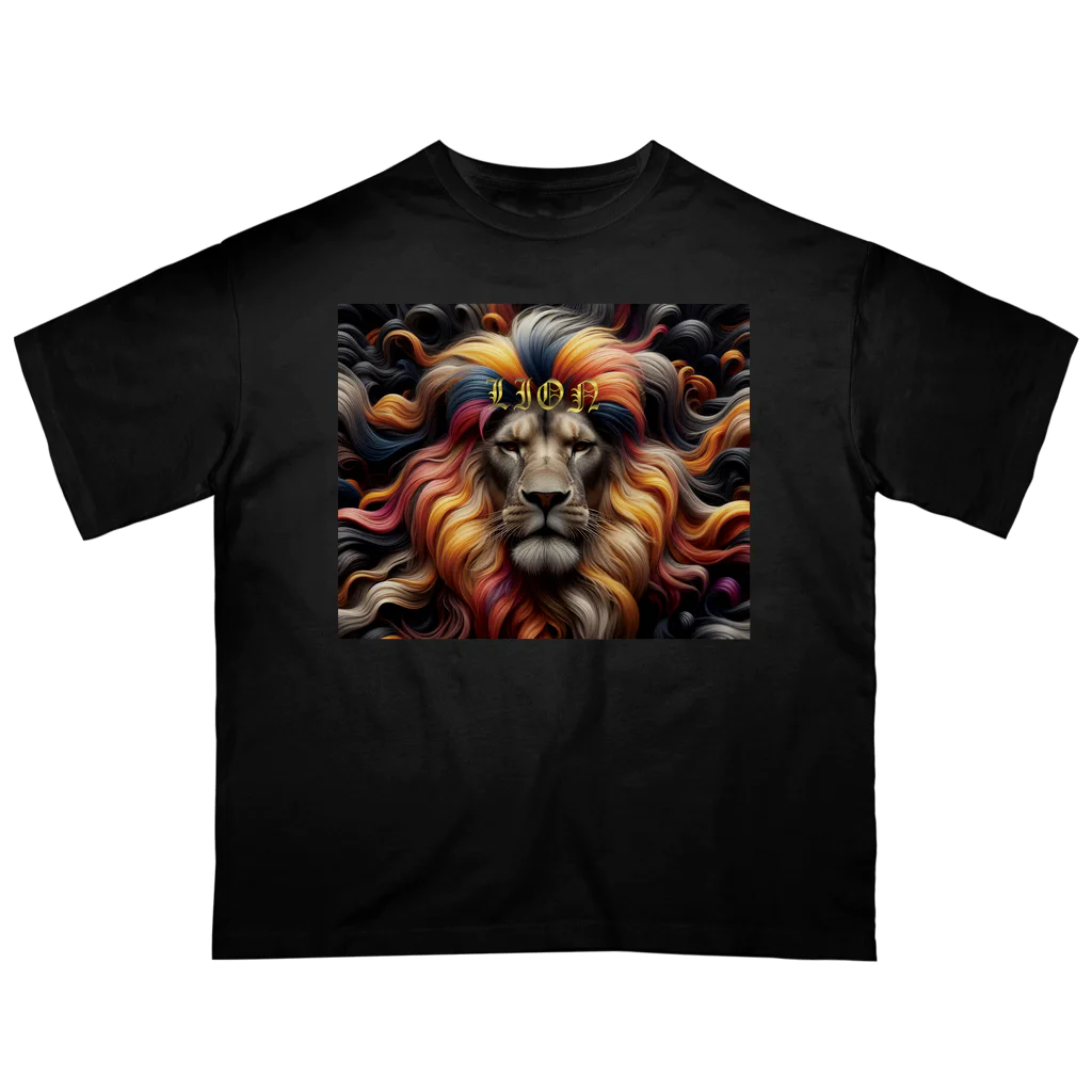 PALA's SHOP　cool、シュール、古風、和風、のLION　face２ オーバーサイズTシャツ