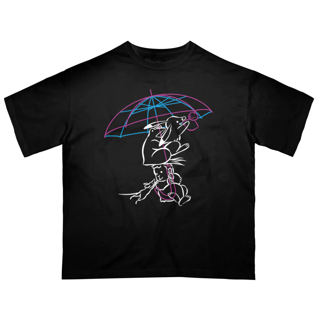 しきいろ(プレビューで見切れていたら修正致しますご連絡どうぞ！)の鳥獣戯画(ポップ/雨傘) Oversized T-Shirt