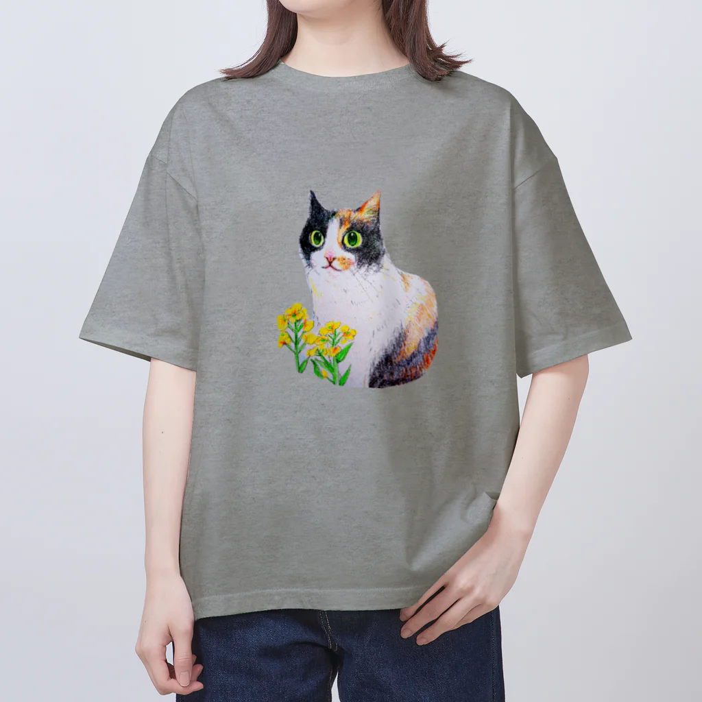 harupink🌸ペット似顔絵illustの三毛猫と菜の花 オーバーサイズTシャツ