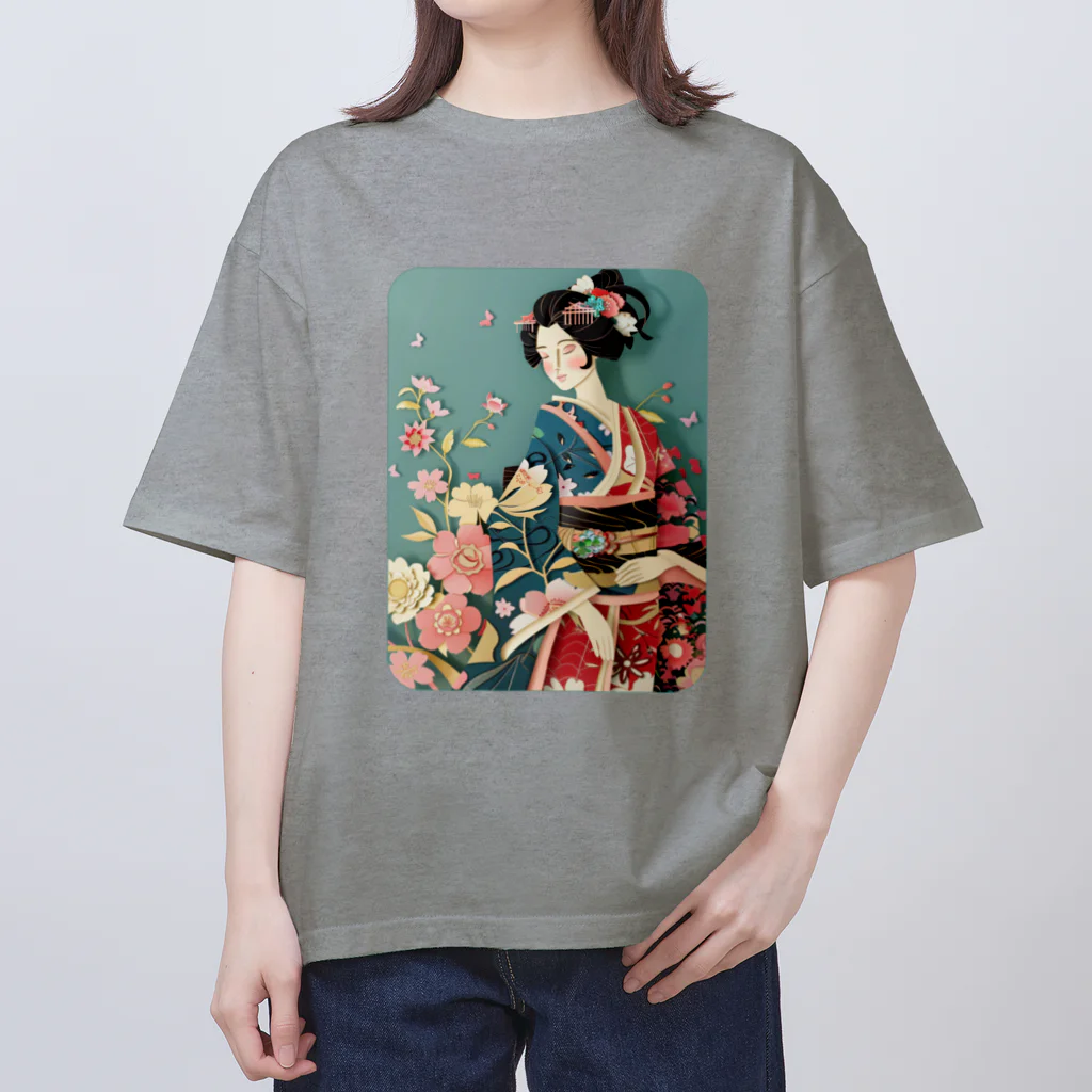 MistyStarkの着物女性の切り絵アート　―　Kimono woman paper-cutting art　ー オーバーサイズTシャツ