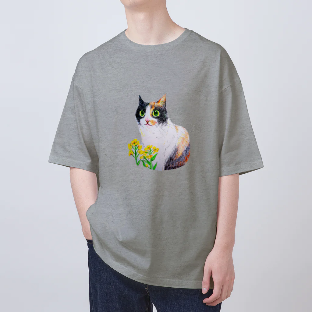 harupink🌸ペット似顔絵illustの三毛猫と菜の花 オーバーサイズTシャツ