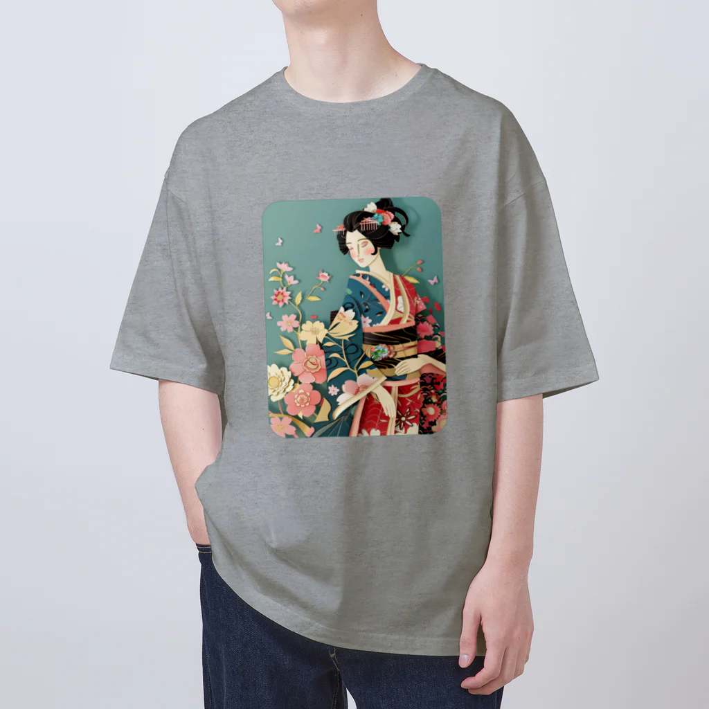 MistyStarkの着物女性の切り絵アート　―　Kimono woman paper-cutting art　ー オーバーサイズTシャツ