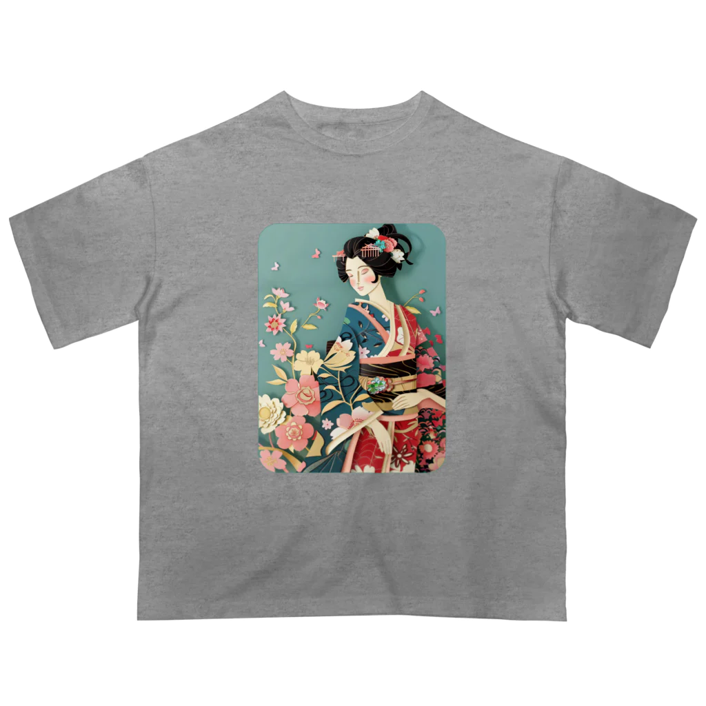 MistyStarkの着物女性の切り絵アート　―　Kimono woman paper-cutting art　ー オーバーサイズTシャツ