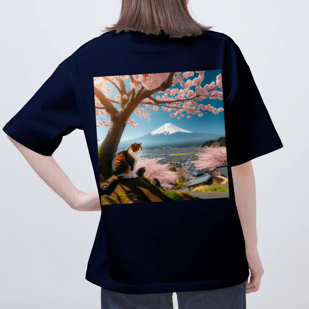 猫好き Japanの富士山と猫 オーバーサイズTシャツ