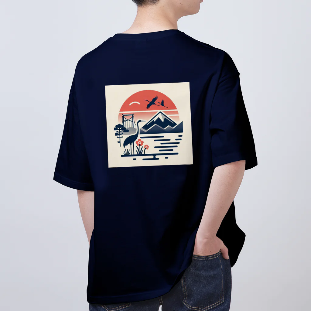 moontajの夕陽に映える鶴と富士 オーバーサイズTシャツ