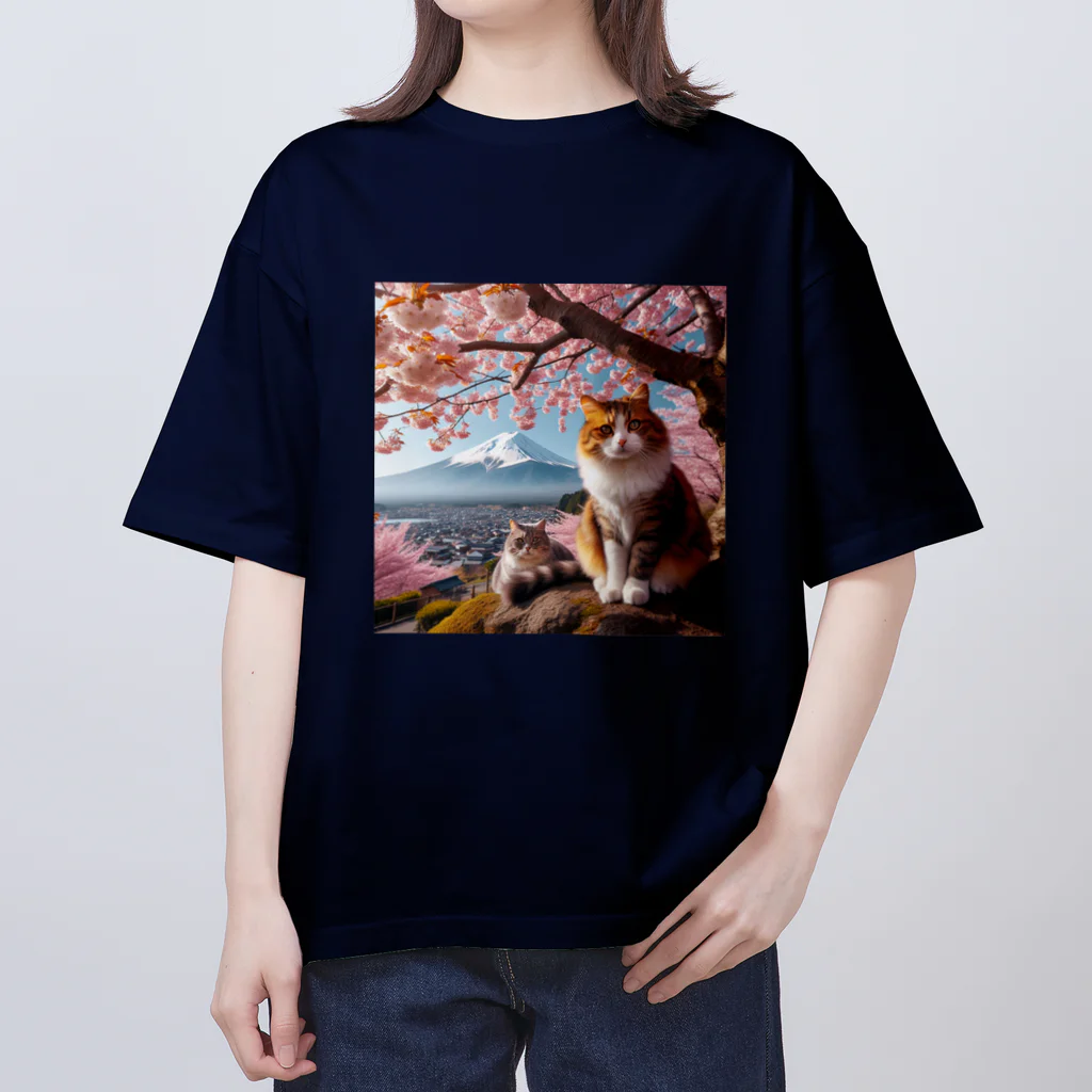 猫好き Japanの富士山と猫 オーバーサイズTシャツ