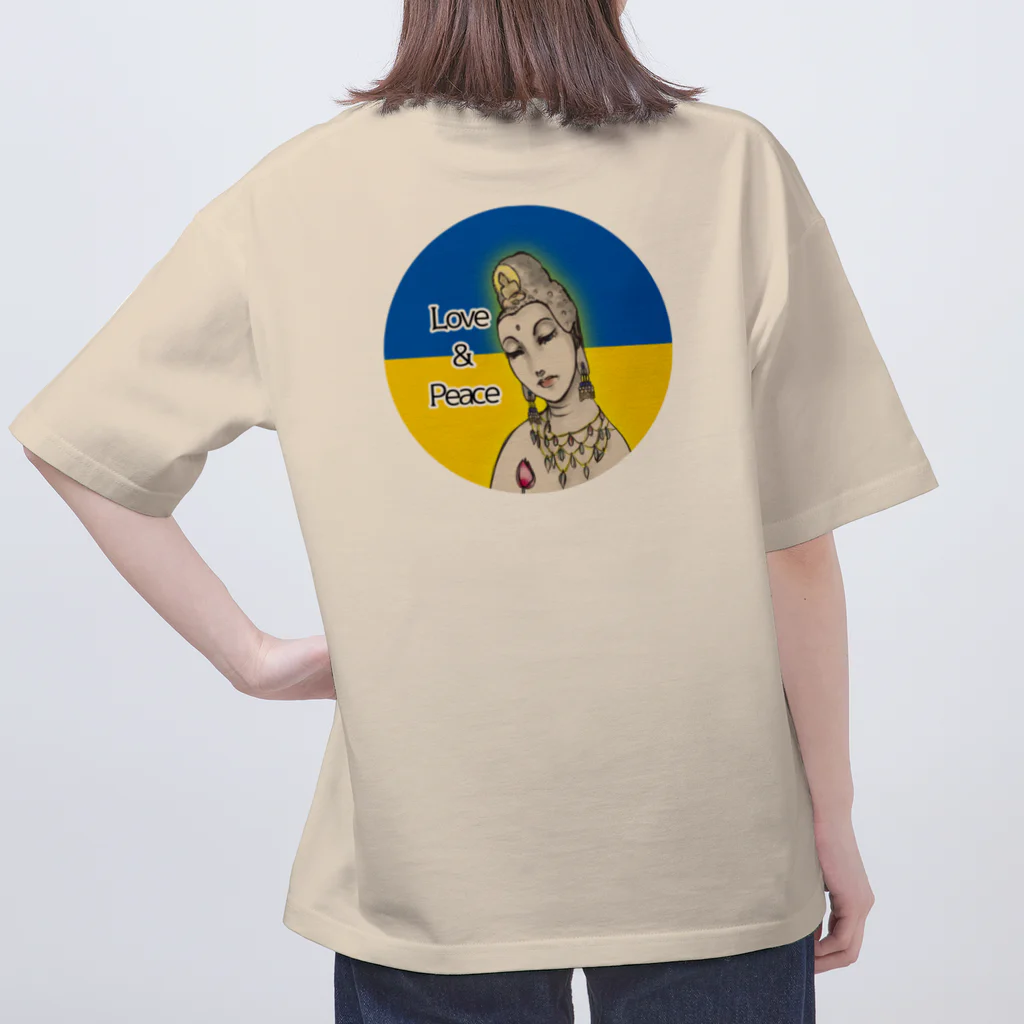 諭苑のSUZURI店のLove＆Peace観世音菩薩ウクライナ国旗背景 オーバーサイズTシャツ