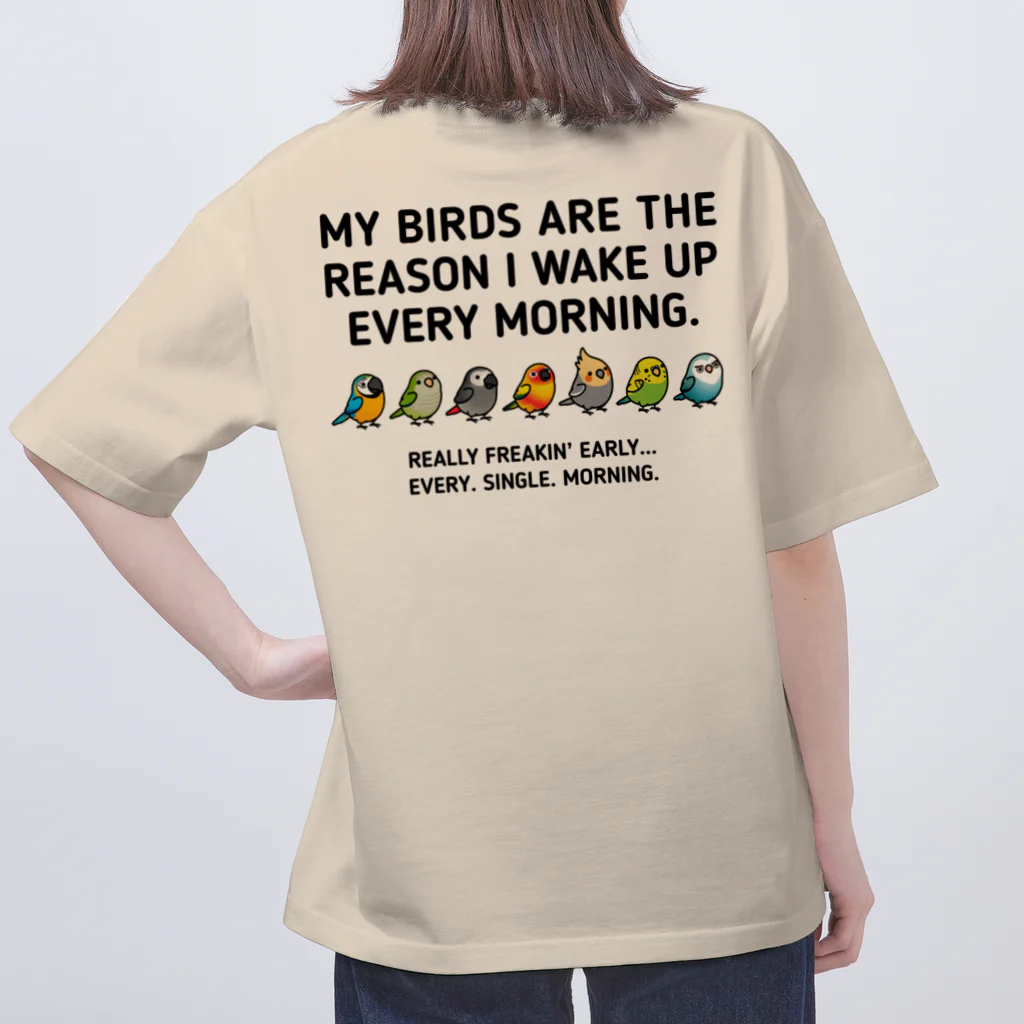 Cody the Lovebirdの（両面）仲良しインコ（表面）+ モーニングバード (背面）Chubby Bird オーバーサイズTシャツ