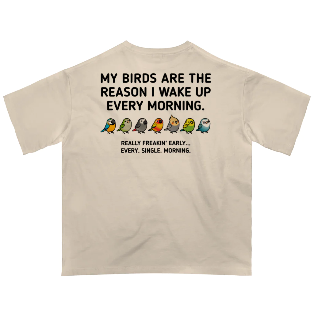 Cody the Lovebirdの（両面）仲良しインコ（表面）+ モーニングバード (背面）Chubby Bird オーバーサイズTシャツ