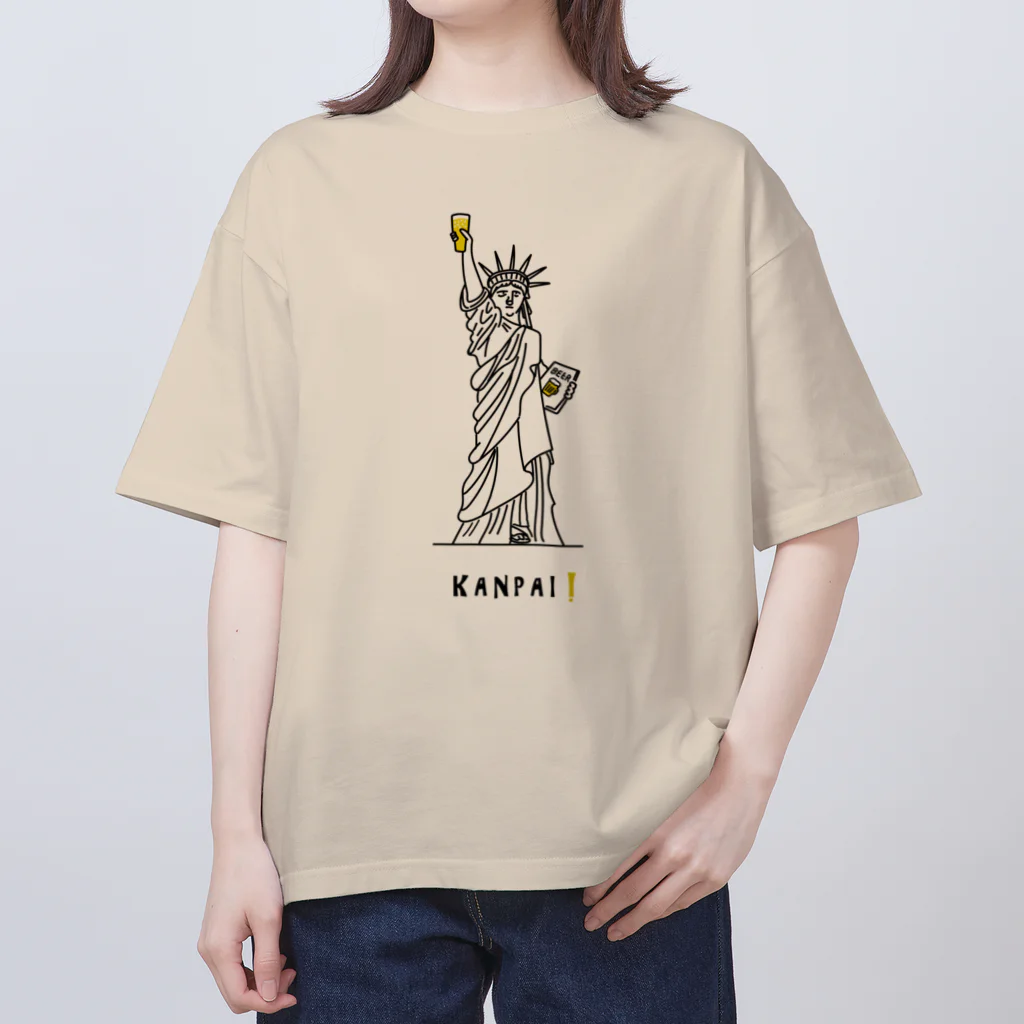 ビールとアート TM-3 Designの彫刻 × BEER（自由の女神）黒線画 Oversized T-Shirt