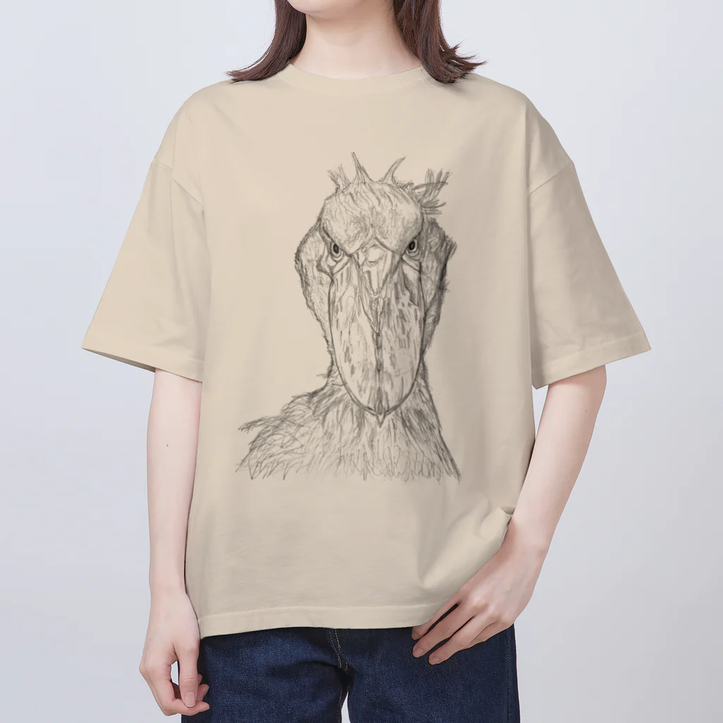 森図鑑の[森図鑑] ハシビロコウの顔 鉛筆画 Oversized T-Shirt