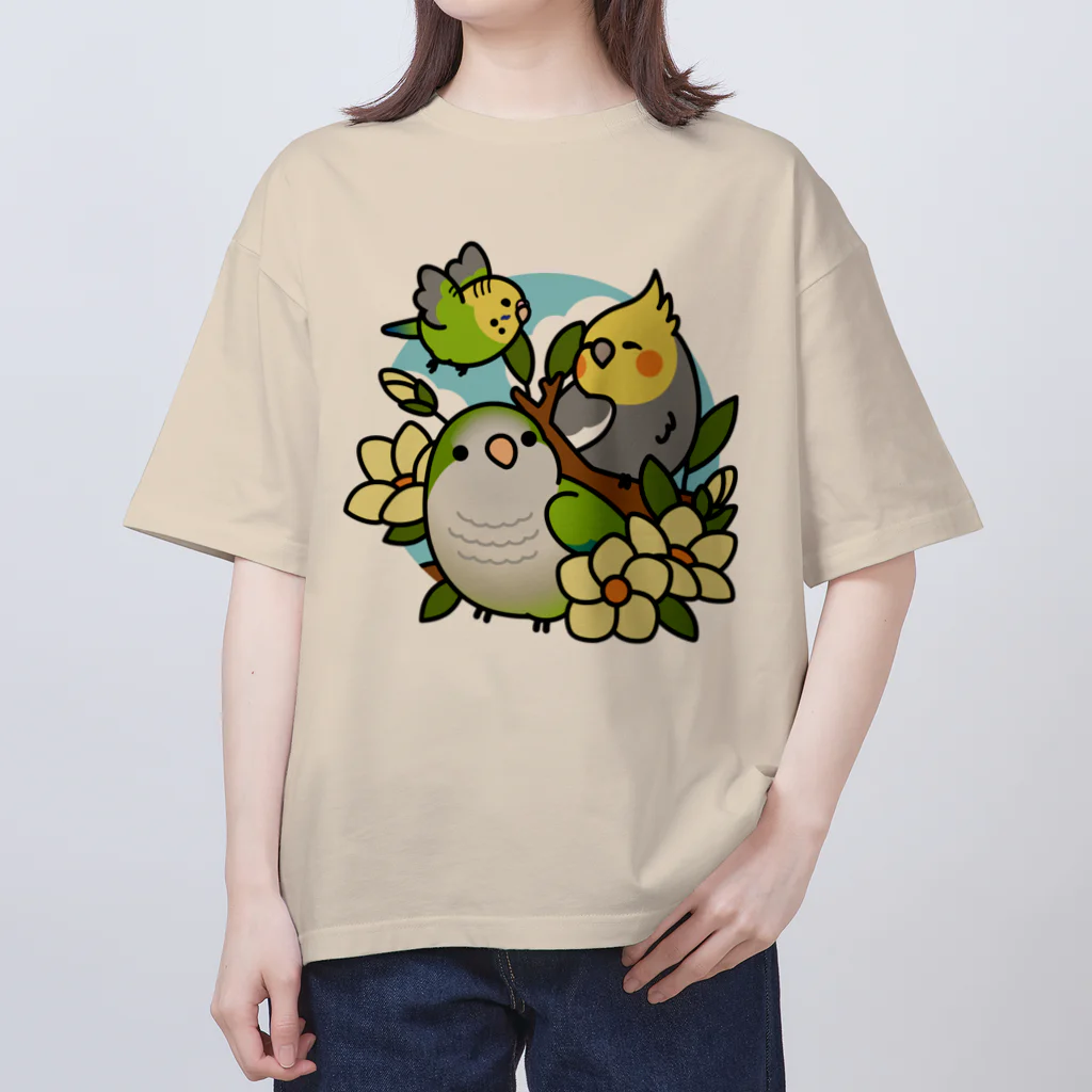 Cody the Lovebirdの（両面）仲良しインコ（表面）+ モーニングバード (背面）Chubby Bird オーバーサイズTシャツ