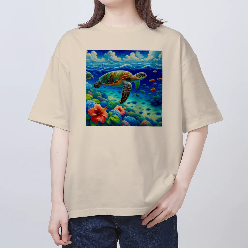 日本の風景 COOL JAPANの日本の風景:沖縄渡嘉志久ビーチの泳ぐ海がめ、Japanese scenery: Sea turtle swimming at Tokashiki Beach, Okinawa Oversized T-Shirt