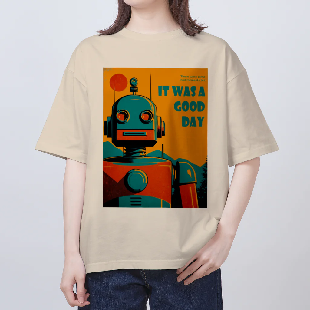 mirinconixのポジティブな思考回路のレトロなロボットくん オーバーサイズTシャツ