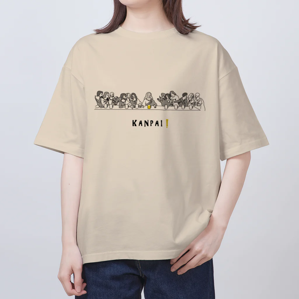 ビールとアート TM-3 Designの名画 × BEER（最後の晩餐）黒線画 Oversized T-Shirt