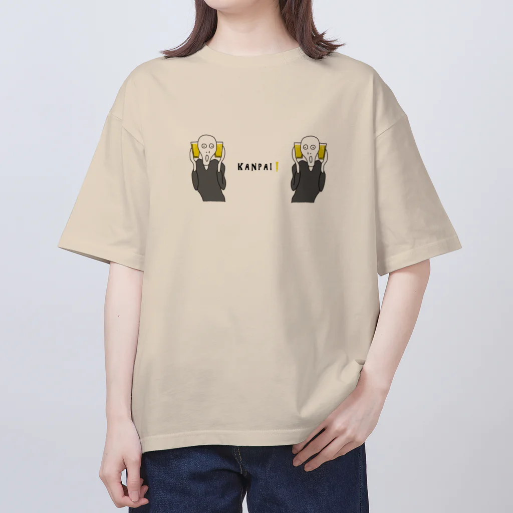 ビールとアート TM-3 Designの名画 × BEER（ムンクの叫び・Wムンク）黒線画 オーバーサイズTシャツ