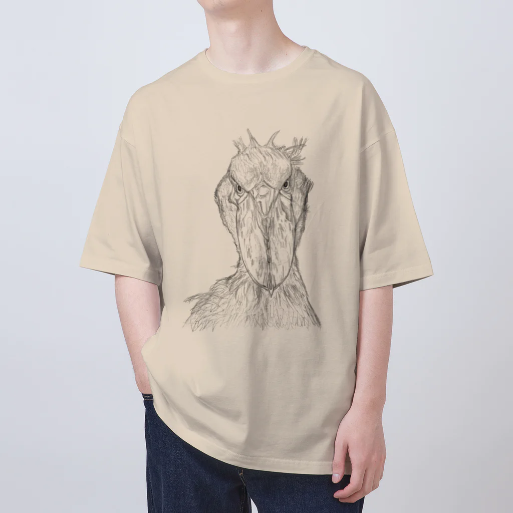 森図鑑の[森図鑑] ハシビロコウの顔 鉛筆画 Oversized T-Shirt