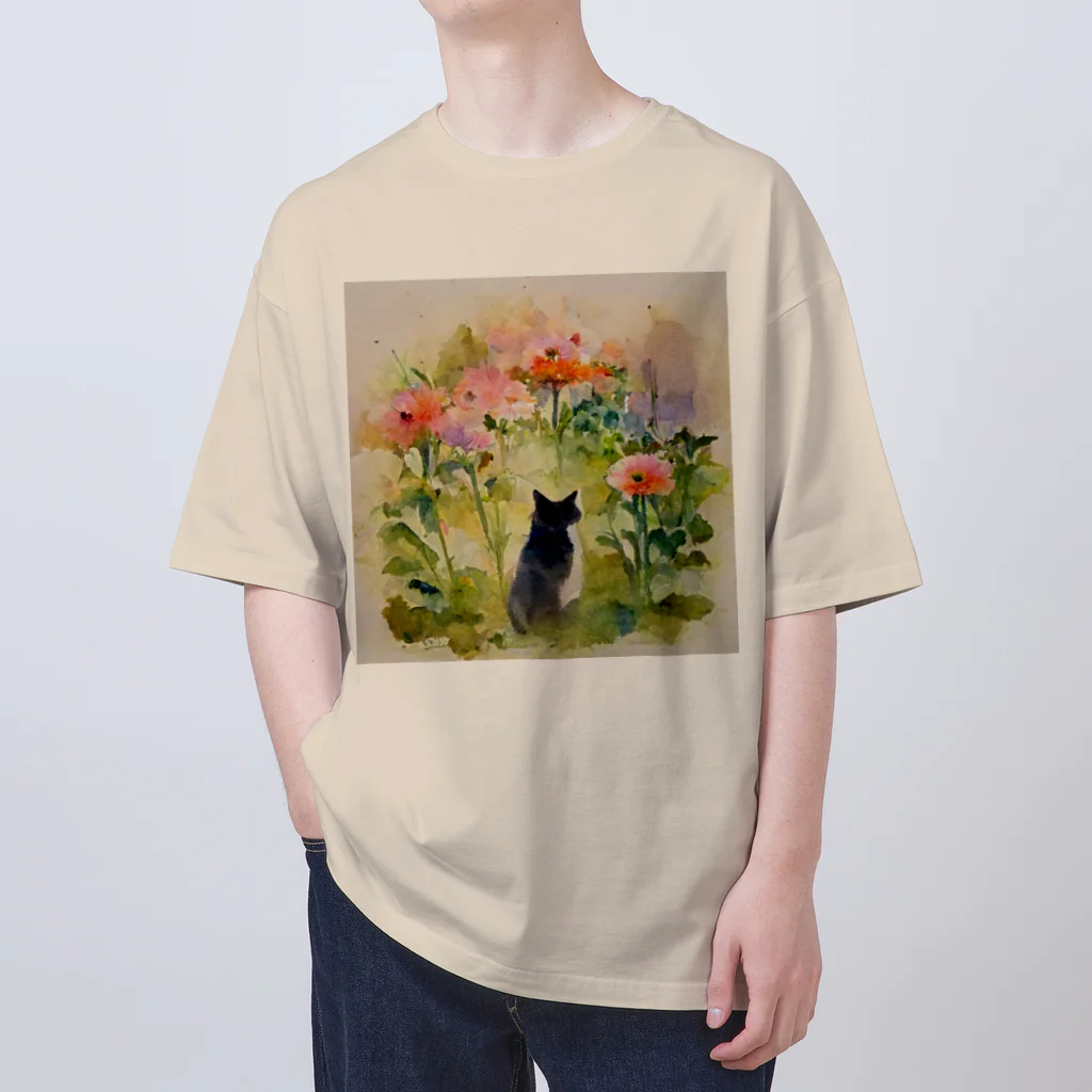 ccaattの花畑に迷い込む猫 オーバーサイズTシャツ