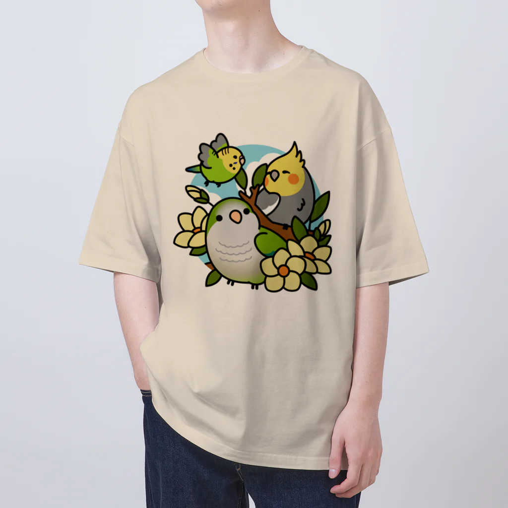 Cody the Lovebirdの（両面）仲良しインコ（表面）+ モーニングバード (背面）Chubby Bird オーバーサイズTシャツ