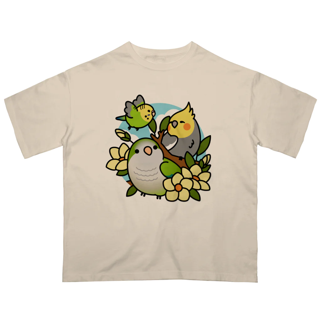 Cody the Lovebirdの（両面）仲良しインコ（表面）+ モーニングバード (背面）Chubby Bird オーバーサイズTシャツ