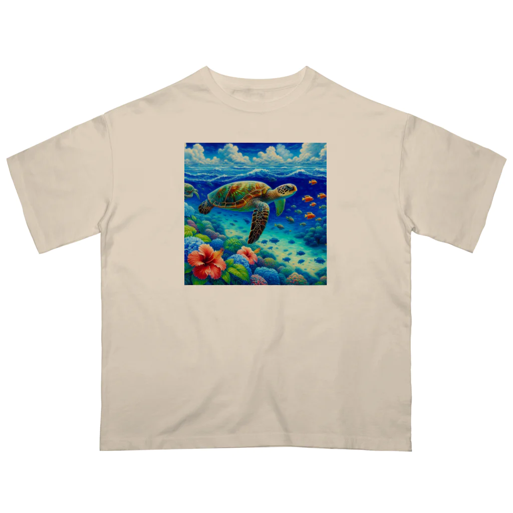 日本の風景 COOL JAPANの日本の風景:沖縄渡嘉志久ビーチの泳ぐ海がめ、Japanese scenery: Sea turtle swimming at Tokashiki Beach, Okinawa Oversized T-Shirt