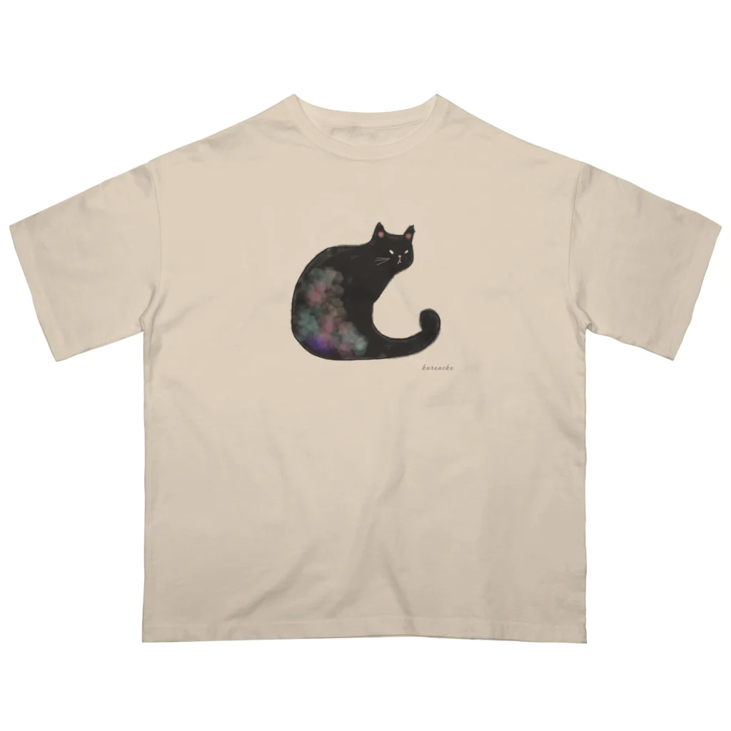 小鳥と映画館のクロネコ 水彩 オーバーサイズTシャツ