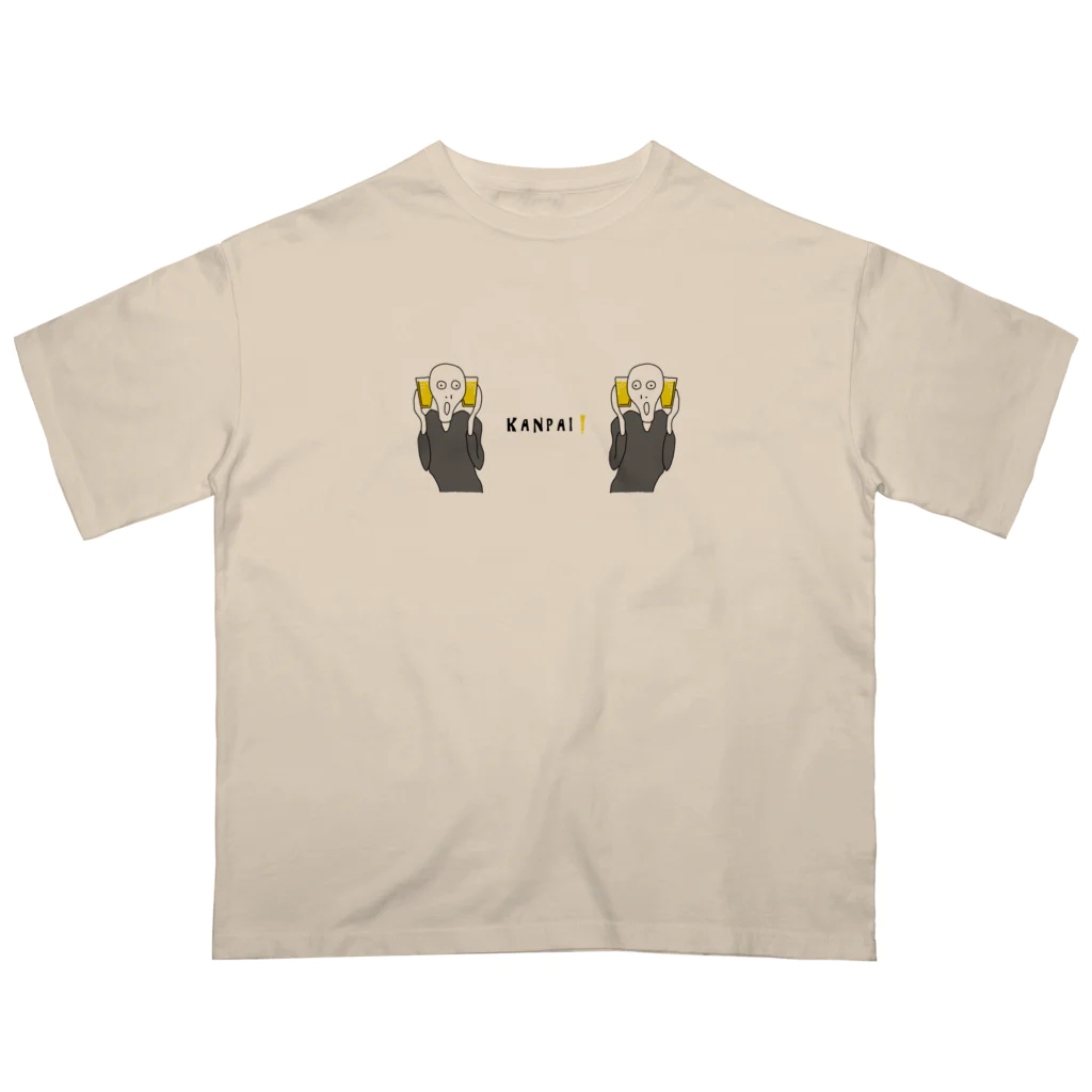 ビールとアート TM-3 Designの名画 × BEER（ムンクの叫び・Wムンク）黒線画 Oversized T-Shirt