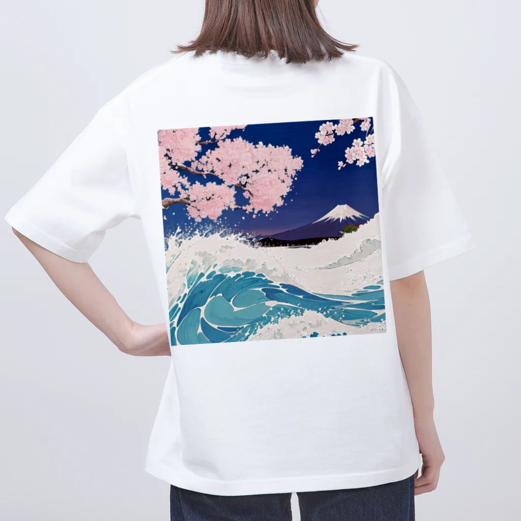 にょんのTシャツ屋さんの桜と富士山と波 オーバーサイズTシャツ