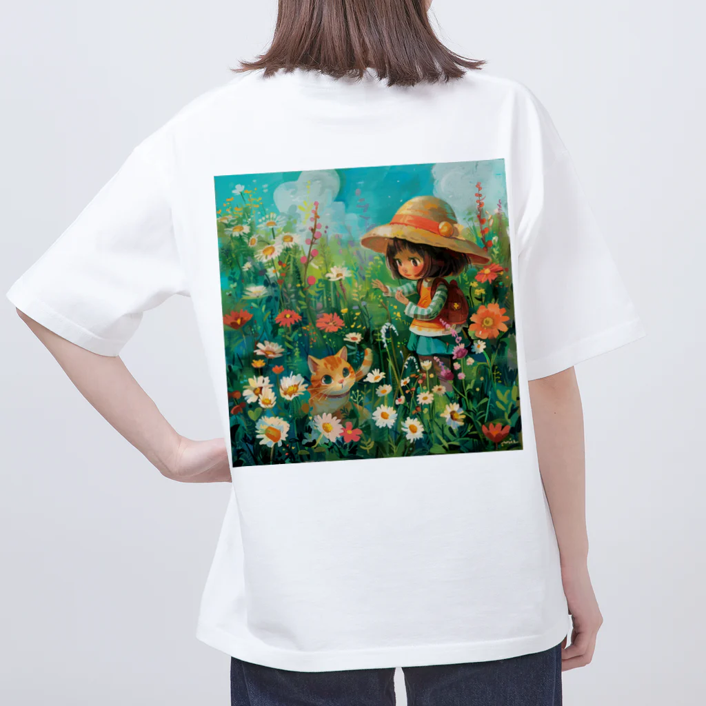 AQUAMETAVERSEのお花畑に囲まれる猫ちゃんと私 アメジスト 2846 Oversized T-Shirt