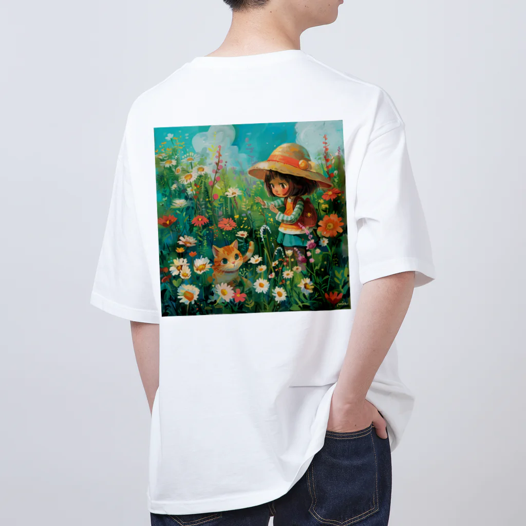 AQUAMETAVERSEのお花畑に囲まれる猫ちゃんと私 アメジスト 2846 Oversized T-Shirt