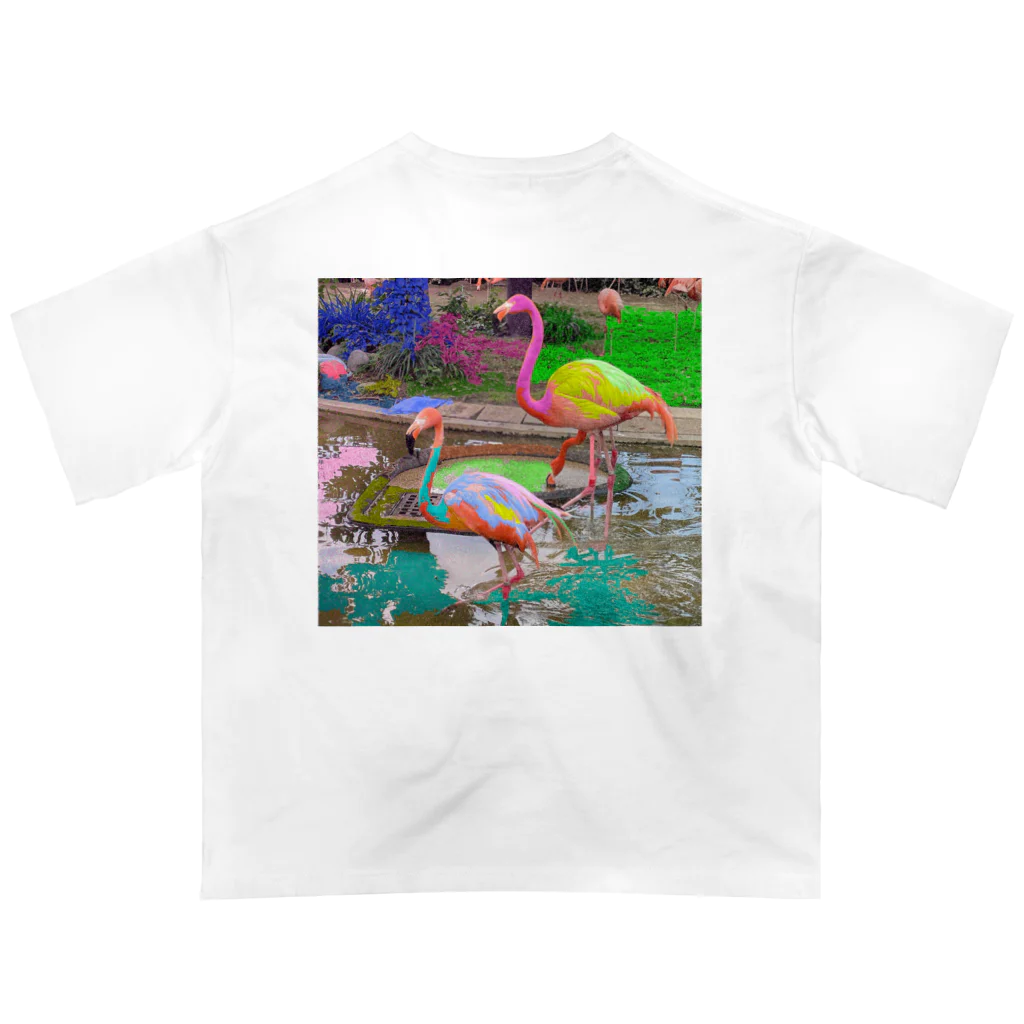 ShuszloのFlamingos covered with color  オーバーサイズTシャツ