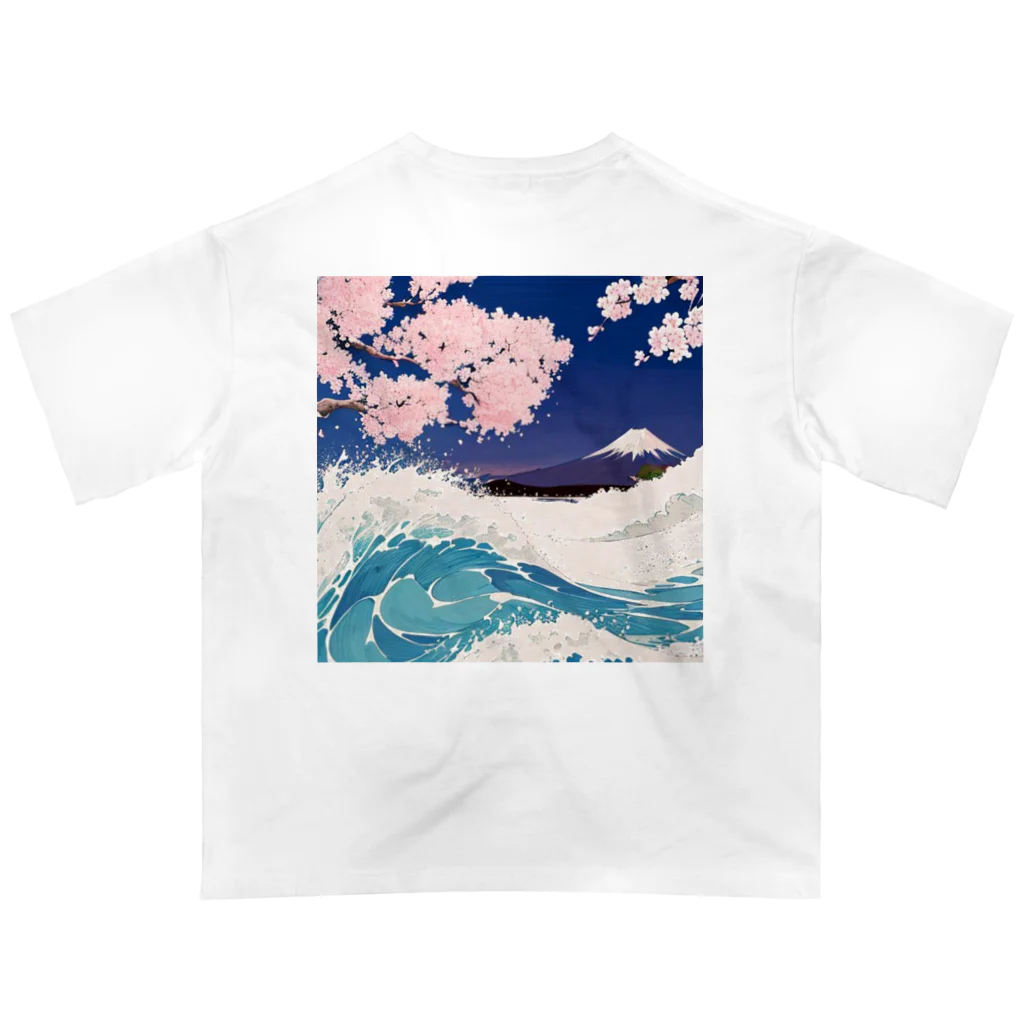 にょんのTシャツ屋さんの桜と富士山と波 オーバーサイズTシャツ