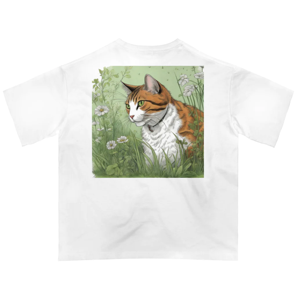 にゃんこーねこの草の中の猫 オーバーサイズTシャツ