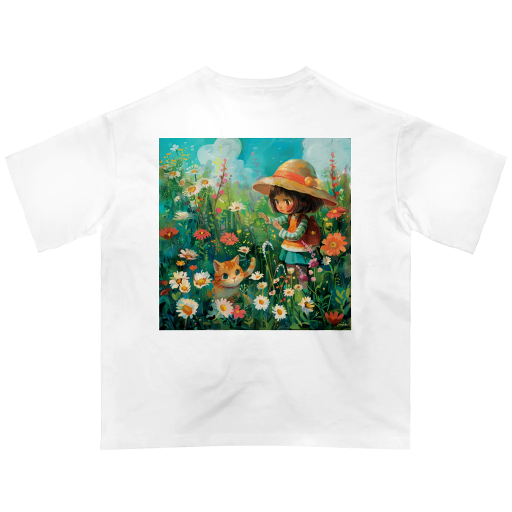 AQUAMETAVERSEのお花畑に囲まれる猫ちゃんと私 アメジスト 2846 オーバーサイズTシャツ