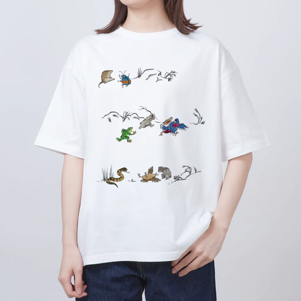 けだま専門店の鳥獣戯画風奄美生物 オーバーサイズTシャツ