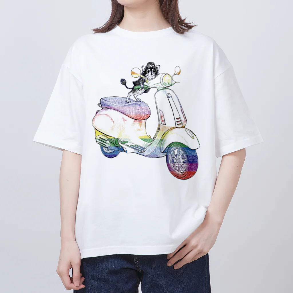 N谷スタジオのチワワのすっちゃんバイクに乗る〜レインボーバージョン〜 オーバーサイズTシャツ