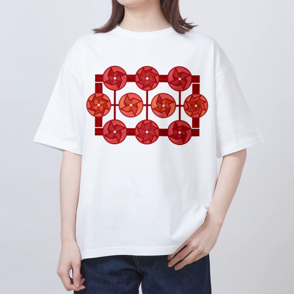 ハナドリカ SUZURI店の赤いかざぐるま オーバーサイズTシャツ
