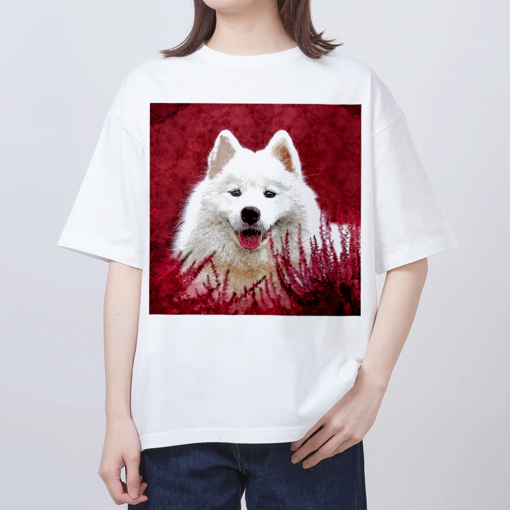 【CPPAS】Custom Pet Portrait Art Studioの 赤い畑の中のサモエドドッグ オーバーサイズTシャツ