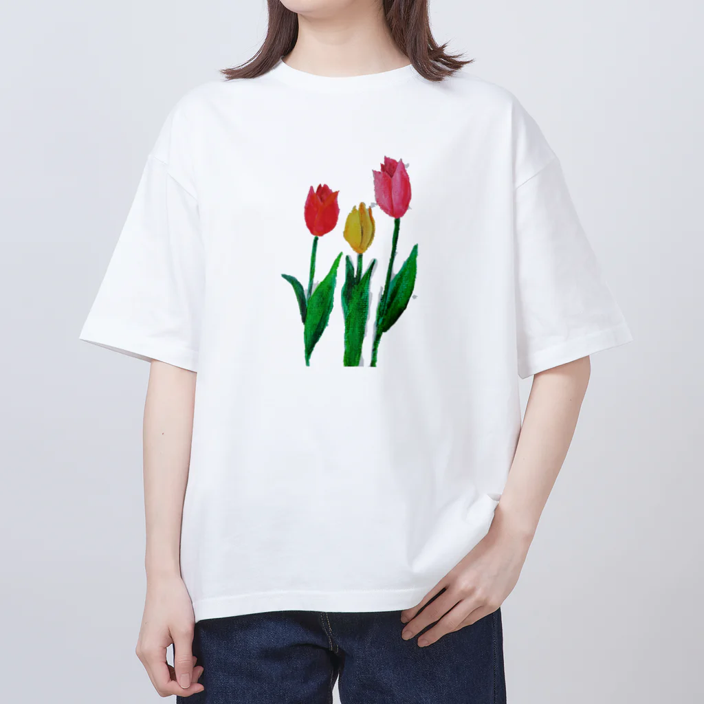 ぴーひゃら食べもの水彩画のチューリップ水彩画 オーバーサイズTシャツ