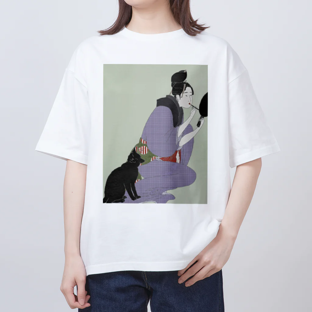 keeeeeep smilingの口紅を塗る女とスリスリする猫 Oversized T-Shirt