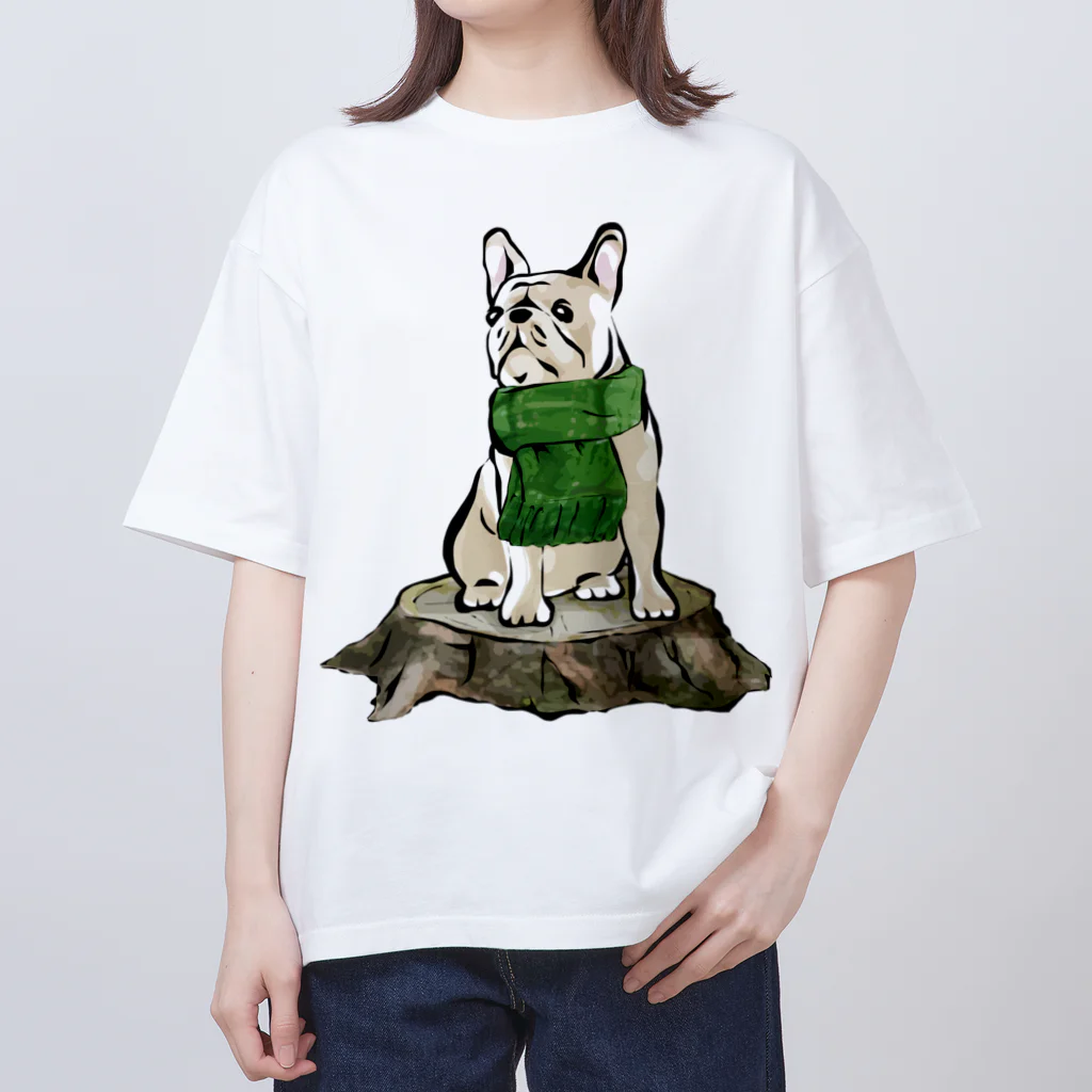 犬グッズの店しえるぶるーのマフラーを着けたフレンチブルドッグ　クリーム Oversized T-Shirt