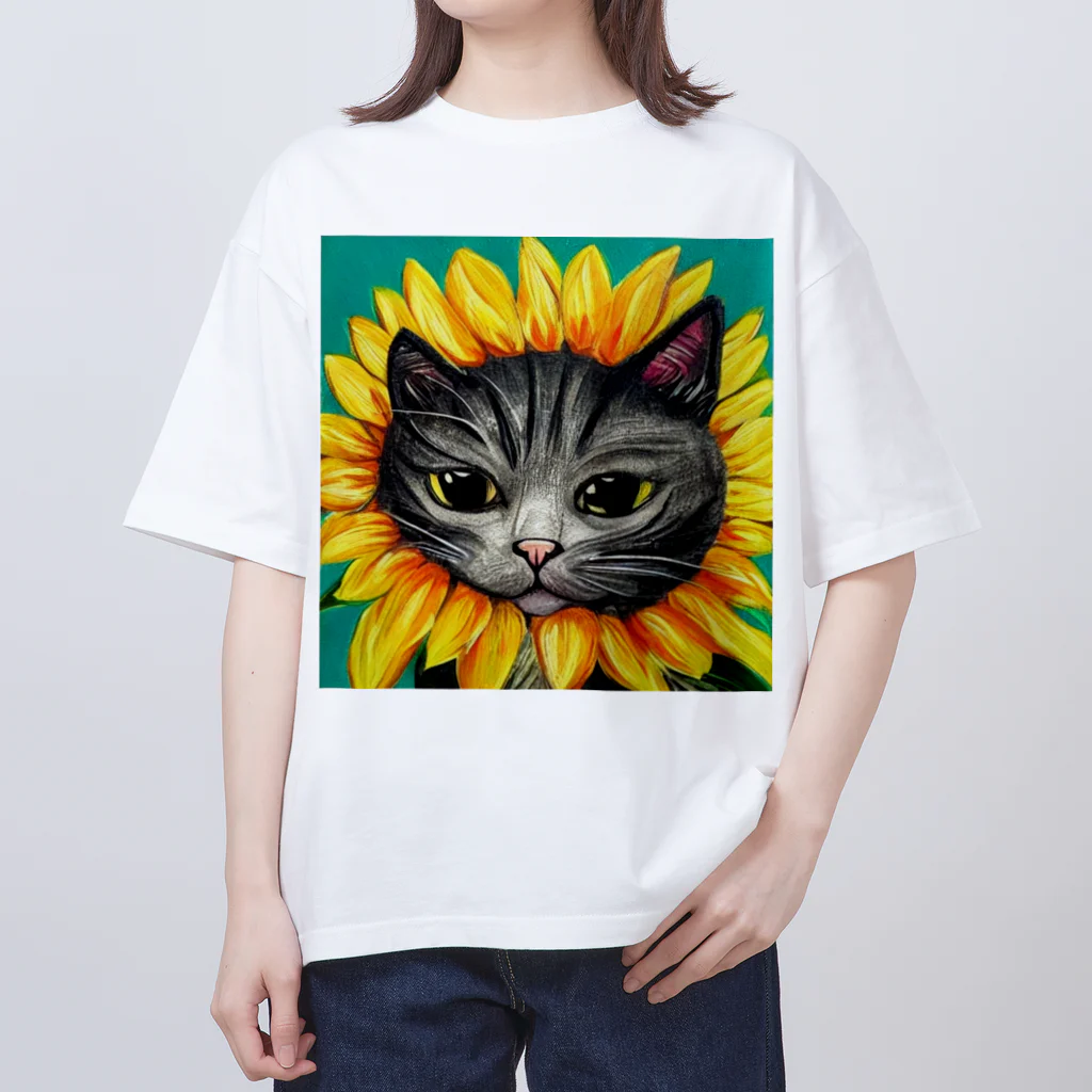 宇宙猫のひまわり猫 オーバーサイズTシャツ