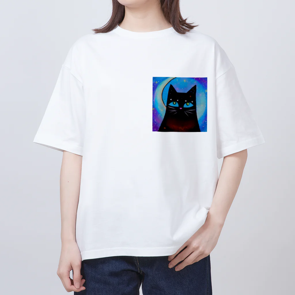 宇宙猫のクロネコと宇宙 オーバーサイズTシャツ