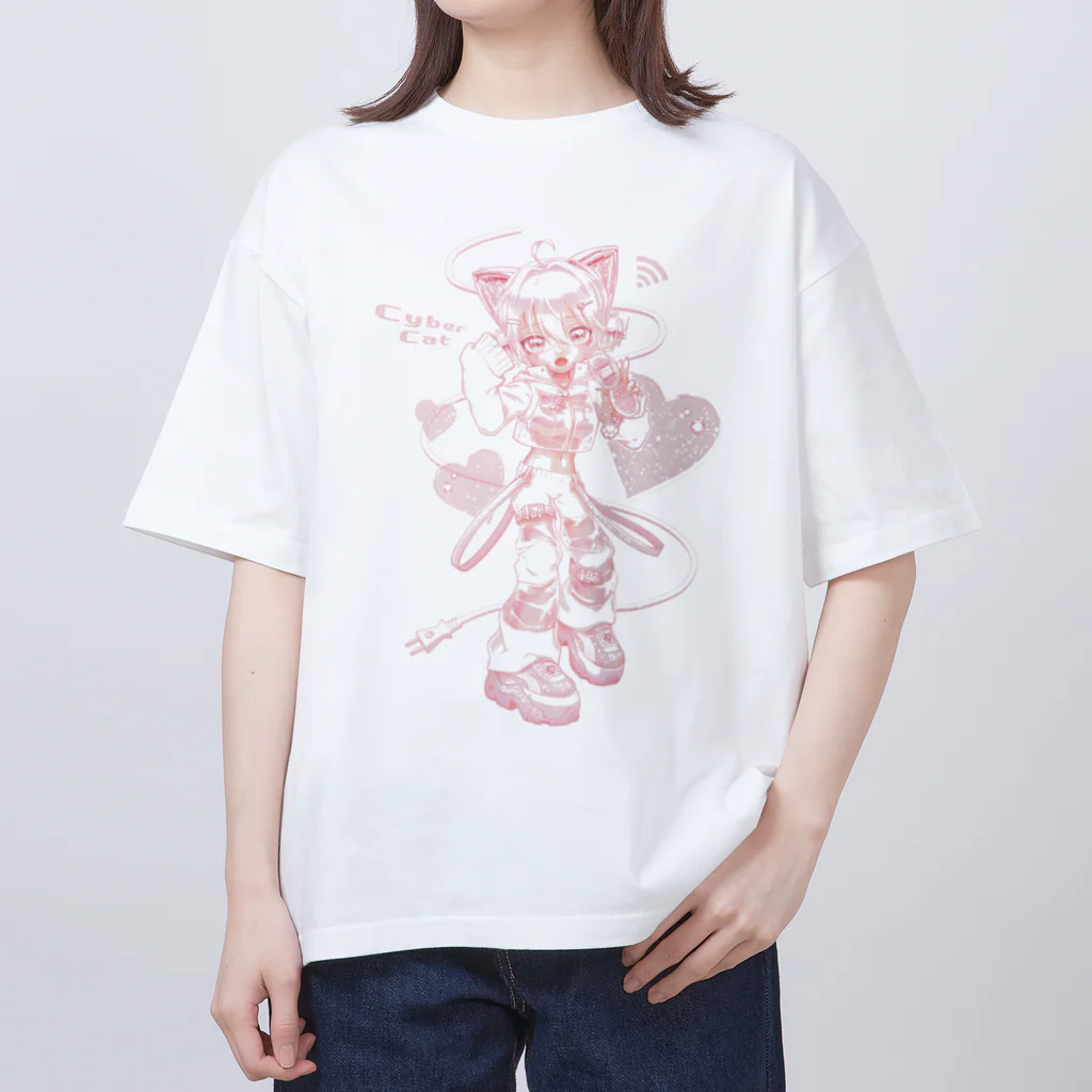 IENITY　/　MOON SIDEのさいばーにゃんこ ❤ (Ver.A) ピンク オーバーサイズTシャツ