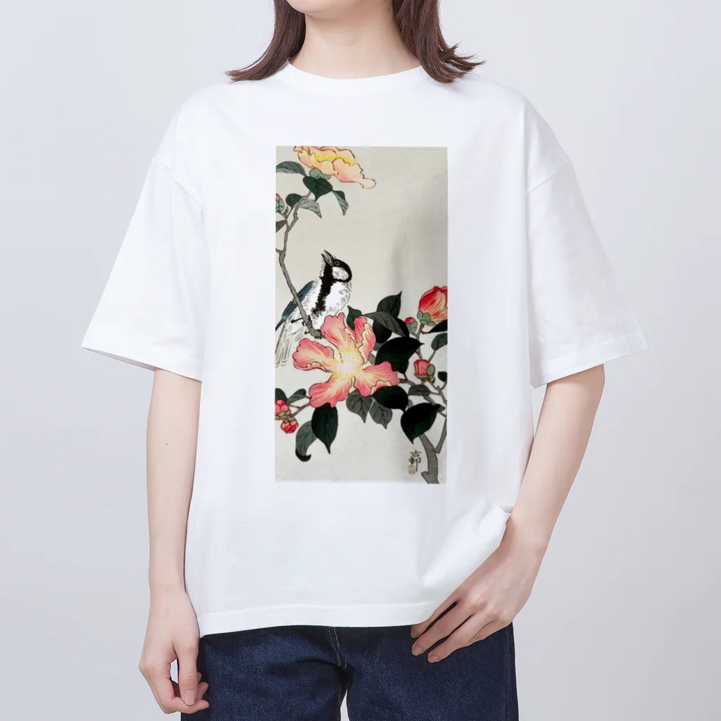 MUGEN ARTの小原古邨　椿に四十雀  Ohara Koson / Great tit on branch with pink flowers  Oversized T-Shirt