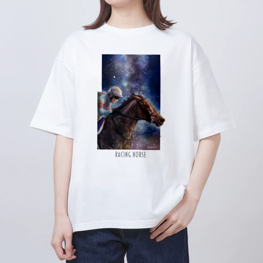 POPPY＿moooo  チャリティーショップの星空と競走馬　文字あり オーバーサイズTシャツ