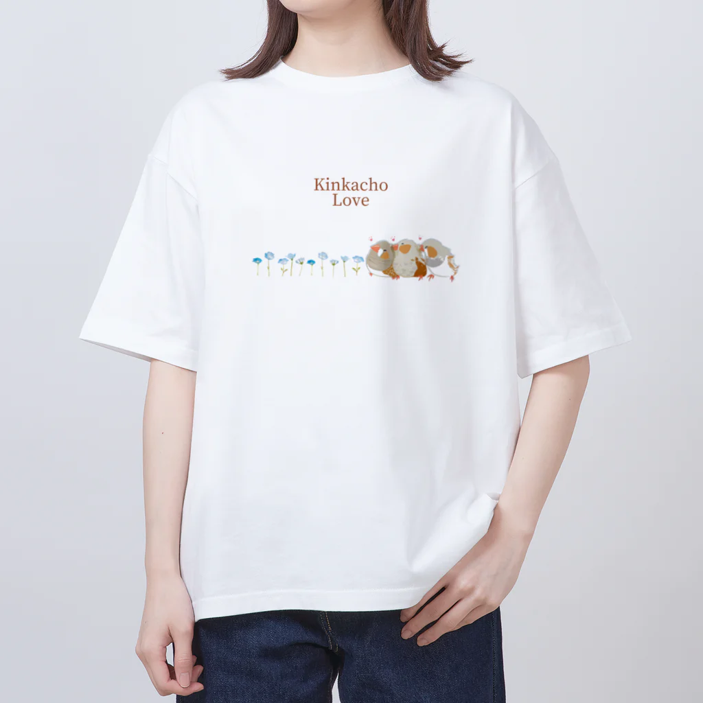 雛乃の文鳥グッズ屋さんのキンカチョウのネモフィラデザイン Oversized T-Shirt