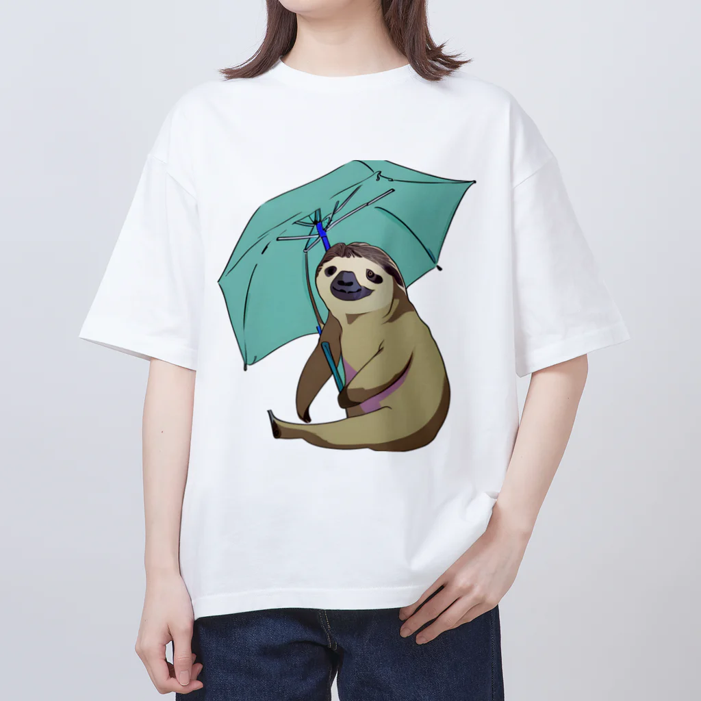 クリエイティブキャンパスマンの傘を持つナマケモノのモーちゃん オーバーサイズTシャツ