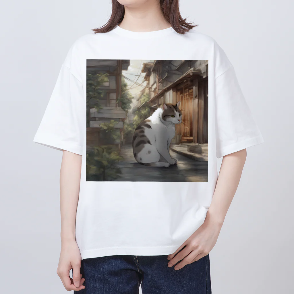 猫専門店　まるまるねこの懐かしい雰囲気に包まれた猫のアートプリント オーバーサイズTシャツ