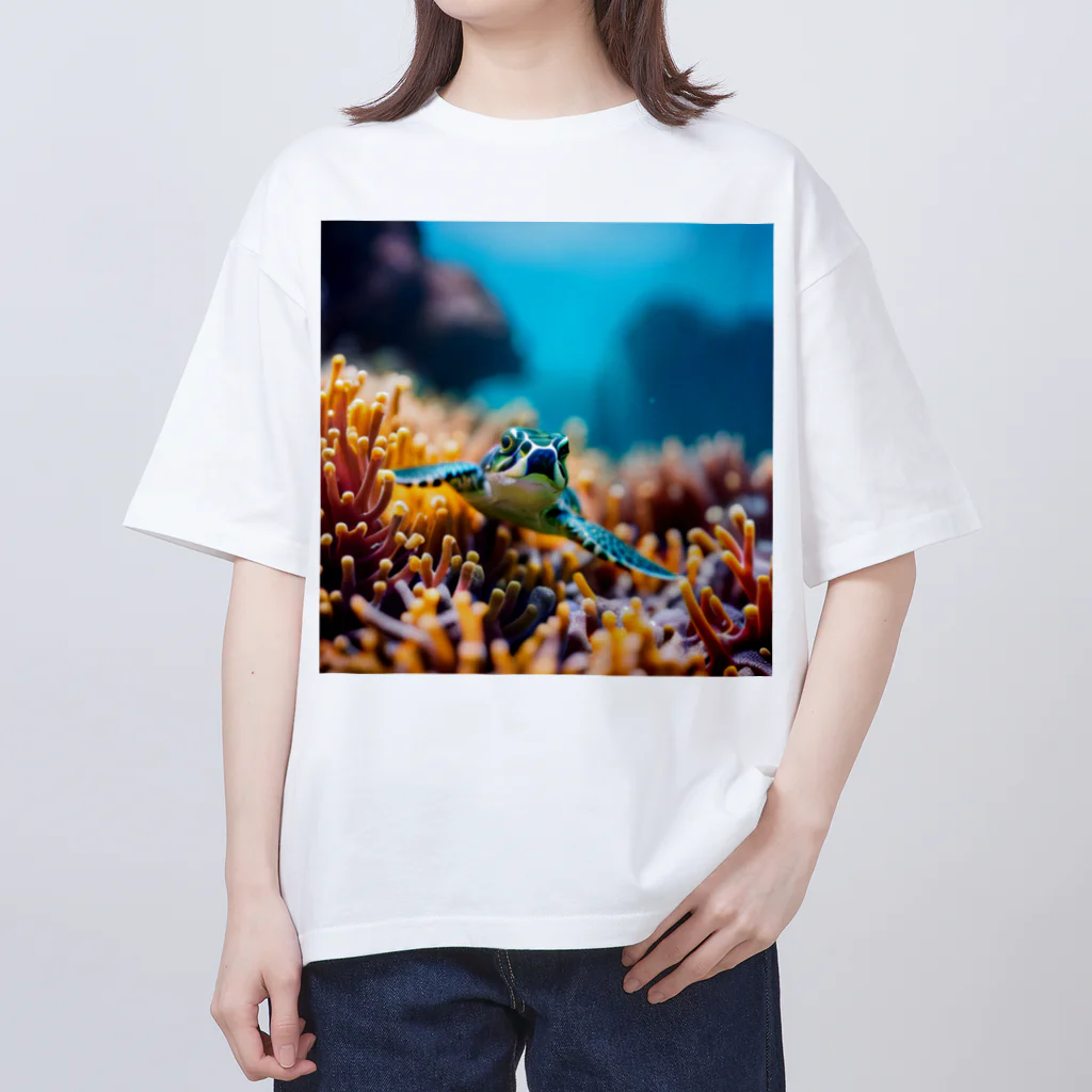 光るハイビスカスの珊瑚と亀 オーバーサイズTシャツ